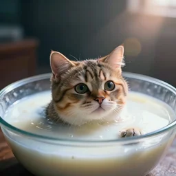 an photo of a cat swimming in a bowl of milk, moody lighting, lens flare, atmosphere, glow, detailed, intricate, full of colour, cinematic lighting, trending on artstation, 4 k, hyperrealistic, focused, extreme details, unreal engine 5, cinematic, masterpiece