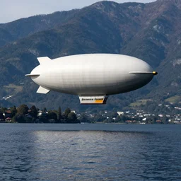 A photo of a large zeppelin rising from the waters of a lake in the mountains, Wide angle lens, Cannon DSLR