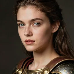 close - up portrait of beautiful young woman dressed gladiator with armor, art by helmut newton