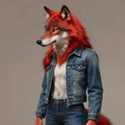 an anthropomorphic wolf female with bright red fur wearing a denim jaket and jeans, diffuse lighting, fantasy, intricate, elegant, highly detailed, lifelike, photorealistic, digital painting, artstation, illustration, concept art, smooth, sharp focus, naturalism, trending on byron's - muse, by greg rutkowski and greg staples and alphonse mucha