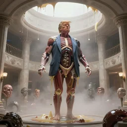 cinematic photo,!!!! donald trump + baron harkonnen hybrid hovering and dripping goo inside house harkonnen!!!!,! monster anatomy!, ( ( in the style of dom qwek and john howe ) ), anatomical, detailed, light fog