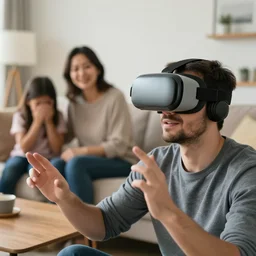 man wearing a vr headset in a living room with his mom and dad and sister crying in the background