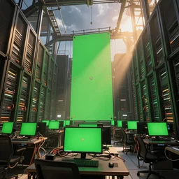 computers, green screen, wired in, in a highly detailed server room with computers everywhere, cinematic view, epic sky, detailed, concept art, low angle, high detail, warm lighting, volumetric, godrays, vivid, beautiful, trending on artstation, by jordan grimmer, huge scene, art greg rutkowski