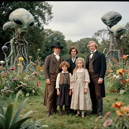 sharp, highly detailed, 65536k film, 70000mm film still from a sci fi blockbuster color movie made in 2019, set in 1860, of a family standing in a park, next to some strange alien plants and flowers, on an alien planet, the family are all wearing 1860s era clothes, good lighting, good photography, in focus, 35mm macro lens