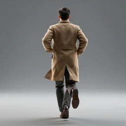a man running away with his back to the viewer, full body view, coat, back view, back lit, back lighting, hyper realistic, 3 d render
