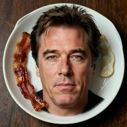 bacon face that looks just like kevin bacon, dish, top view, sigma 8 5 mm