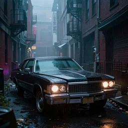 A black 1970's Cadillac DeVille with the headlights on, abandoned in a dark and misty back alley in the city of New York while it is raining, vibrant colors, by Stephen King, misty, moody, sinister, cinematic lighting, cinematic color grading, 8k render, hyperrealistic