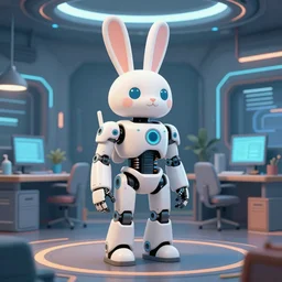 a hybrid between a robot and a humanoid rabbit, futuristic room, illustration, digital art