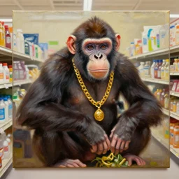 Apes working in a bed bath and beyond store, award winning oil painting, the apes are wearing gold chains