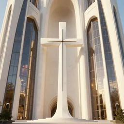roman cathedral with a monolithic cross in the middle, by tim blandin and arthur haas and bruce pennington and john schoenherr, big windows architecture by zaha hadid, octane render, warm colour scheme, white, cinematic, scenery, cgsociety, modernism, futuristic, trending on artstation, sci - fi, high detail, high quality, close up angle