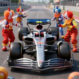 McClaren 2022 formula 1 car surrounded by clowns, DSRL photo, detailed, ray tracing, 4k, realistic