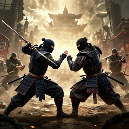a battle between ninja and samurai, epic cinematic hyperrealism masterpiece. realistic poster with shaded lighting by craig mallismo, artgerm, jeremy lipkin and michael garmash, unreal engine, radiant light, detailed and complex environment, digital art, art station trends