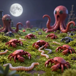 voidless of the festival!, The Graveyard, blood moon tentacles!!, outsider art!!!, large group of crabs and worms, crawling along a bed of moss, low poly, creeper world, handcrafted, artstation, hyperrealistic, hard light, best practices, creeptastic, photorealism, macro perspective, cuddly