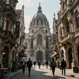 detailed ultrarealistic photography of cyberpunk postapocalyptic baroque budapest street, cinematic, full shot, ian miller, wayne barlowe, beksinski, giger, greg rutkowski