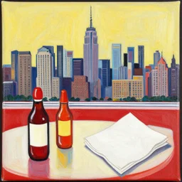 the skyline of new york, condiments on canvas, napkin expressionism, 60s diner