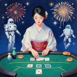 woman in a japanese kimono sitting at an extremely detailed poker table with the startrooper, sake, donuts on the table, fireworks and stars on the background, by roy liechtestein, by ha gyung, canvas, acrylic paint, cool color palette, 4 k, ultra - hd