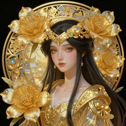 overlord, golden flowers made of glittering lame, iridescent and translucent, portrait, highly detailed, deep focus, elegant, digital painting, smooth, sharp focus, illustration, ultra realistic, 8 k, art by artgerm and alphonse mucha