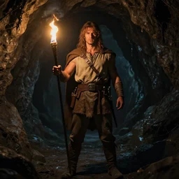 a epic hero adventurer holding a torch in a dark cave, artgerm, realistic, cryengine, symmetric
