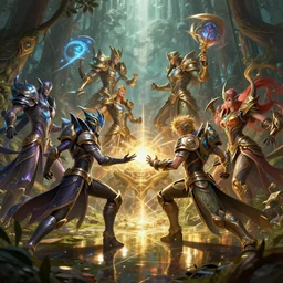 fantasy league of legends characters fight near forest, action scene, 8 k, lumen reflections, sharpened, insanely detailed and intricate, hypermaximalist, elegant, ornate, hyper realistic, super detailed, digital art