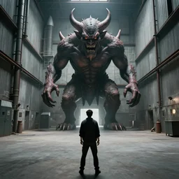 a man faces off against a large demon inside a missile silo industrial building