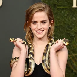 emma watson smiles at the camera. her arms are snakes.