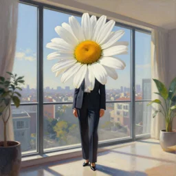 huge daisy flower as a head, a woman in suit, standing in modern window in luxury apartment, surreal photography, sunlight, impressionist painting, digital painting, artstation, simon stalenhag
