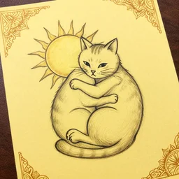 tattoo sketch of a cat hugging the sun, on a yellow paper, byzantium ornament, line art