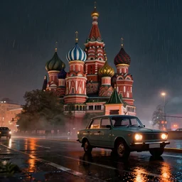 hyperrealistic matte painting of gta game in moscow, 1 9 9 0, playstation 5 screenshot, mega details, dark night, orange lights, heavy rain, fog, beautiful rtx reflections, soviet suburbs, photorealistic, unreal engine 5, octane render, volumetric light, cg society, 4 k, 5 0 mm bokeh, russian lada car, artstation