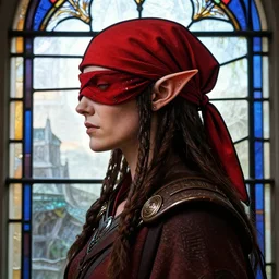 side - view portrait of the iorveth, scoia'tael leader, red cap, red bandana over one eye, elf ear, stained glass window, very masterful