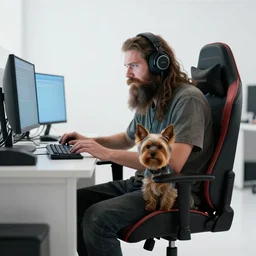 homeless man hobo with long beard and long hair sitting at his computer on a gaming gamer chair in a white room asylum, headphones on head, his pet dog yorkshire terrier sitting beside him, au naturel, hyper detailed, digital art, trending in artstation, cinematic lighting, studio quality, smooth render, unreal engine 5 rendered, octane rendered, art style by klimt and nixeu and ian sprigger and wlop and krenz cushart.