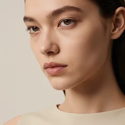 close up of face of female fashion model in minimalistic dress, beige colors, official jil sander editorial, highly detailed