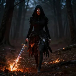 A woman walking towards us. She is cloaked in darkness, siilloeted. The woman's eyes glow white. The woman is dragging a long sword in her right hand. the long sword is sparking along the ground making orange embers. The woman is being backlit by the embers coming off of the axe. The woman wears a skirt made out of feathers. Behind the woman and the orange embers are trees.