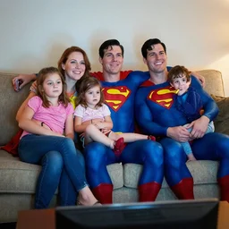 superman and her family sitting on the sofa watching tv