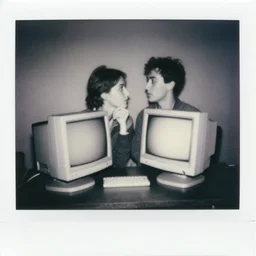 a black and white photograph of computers in love, in the style of egon schiele, film photography, polaroid photo, surreal, soft lighting
