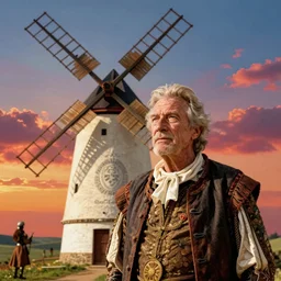 morgan freeman as don quixote in front of a windmill, digital art by eugene de blaas and ross tran, vibrant color scheme, intricately detailed, in the style of romanticism, cinematic, artstation, greg rutkowski