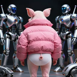 beautiful fantasy portrait pig, back facing, wearing oversized pink puffy bomber jacket and white leotard, futuristic chrome drones, ultra realistic, dramatic lighting, robots, back to the future artifacts, highly detailed by peter mohrbacher, hajime sorayama, wayne barlowe, boris vallejo, aaron horkey, gaston bussiere, craig mullins