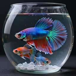 highly detailed photo of multi colorful beta fish in super clean glass bowl, 3 d render, dark background, hyper realistic, concept art, 8 k detail post - processing