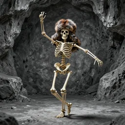 a skeleton in a russian fur hat dancing without a care, artistic photography, f stop, iso, gray dungeon background, very realistic