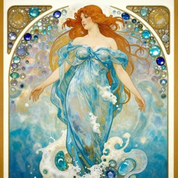 woman in a long blue dress made of the ocean and sea foam, surrounded by gemstones, art by alphonse mucha, wlop
