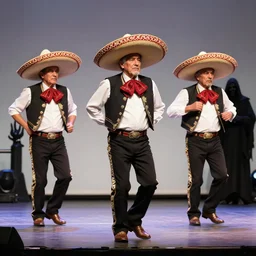 3 grandpas wearing mexican hats and twerking on a stage near the grim reaper, realistic faces, photorealistic