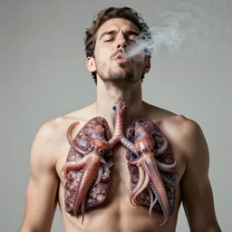 a photograph of a man breathing, but his lungs have been replaced by squids