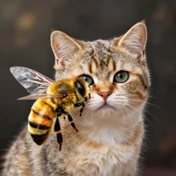 photo of world's smallest cat the size of a honeybee, bee with the face of a cat