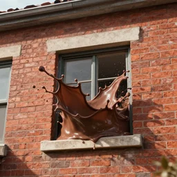 a wild huge splash of chocolate milk coming out of a window in a brick fassade small building, hyperreal, cinematic, redshirt render cgi