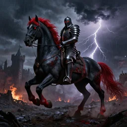 a large warrior in full plate of black armor, splattered with blood, riding a large black warhorse, nightmare with red glowing eyes and red glowing mane and tail, blackened clouds cover sky crackling with lightning and rain in the distance, a castle in distance in flames and ruins, the ground is dark and cracked,