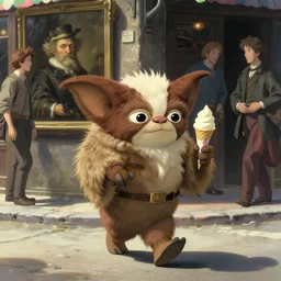 an humanoid strange creature from carpenter the thing and alien and gremlins is walking in a street with a icecream, painting by gustave courbet and greg rutkowski, peter mohrbacher, joseph christian leyendecker, studio ghibli, nice afternoon lighting, smooth tiny details, soft and clear shadows, low contrast, perfect