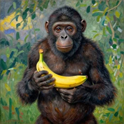 photorealistic australopithecus holding a banana in modern - day france. by paul signac