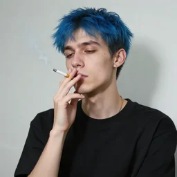 a skinny white male singer with blue hair smoking a cigarette, tired eyes