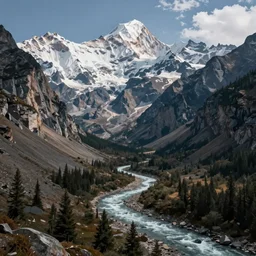 rocky mountain landscape, river flowing down a valley, snow - capped mountain peaks, by greg rutkowski, intricate, very detailed, octane render, volumetric lighting, 4 0 mm