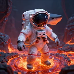 a landshark in an astronaut suit, unreal engine, lava glowing,