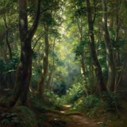 a bright oil painting of a forest with rays of light coming through the canopy; masterpiece; extremely-detailed; by Carravaggio